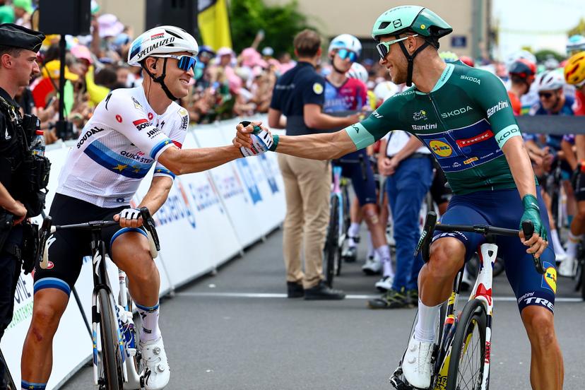 Belgian Tim Merlier of Soudal-Quick Step and Italian Jonathan Milan of Lidl-Trek pictured at the start of stage 10 of the 2025 Tour de France cycling, from Ennezat to Le Mont-Dore Puy de Sancy (169 km), on Monday 14 July 2025 in France. The 112th edition of the Tour de France starts on Saturday 5 July in Lille, France, and will finish in Paris, France on the 27th of July. BELGA PHOTO DAVID PINTENS
