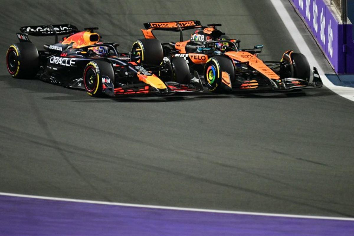Red Bull Racing's Dutch driver Max Verstappen and McLaren's Australian driver Oscar Piastri race during the 2025 Saudi Arabia Formula One Grand Prix at the Jeddah Corniche Circuit on April 20, 2025.  Giuseppe CACACE / AFP