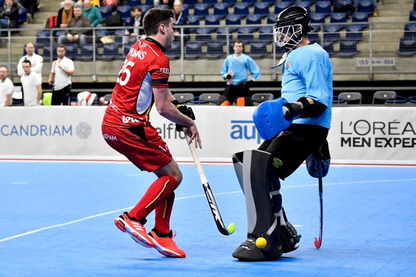 Belgium's Gaetan Dykmans and Russia's goalkeeper Ivan Zuikov pictured during the match between Russia and Belgium, in pool B at the EuroHockey Indoor Championship, in Antwerp, Friday 12 January 2018. BELGA PHOTO DIRK WAEM
