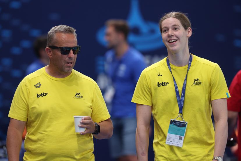 Swimming coach Belgian Mark Faber and Belgian athlete Roos Vanotterdijk pictured during the third day of the European Aquatics Championships in Paris, France on Wednesday 12 August 2026. BELGA PHOTO VIRGINIE LEFOUR