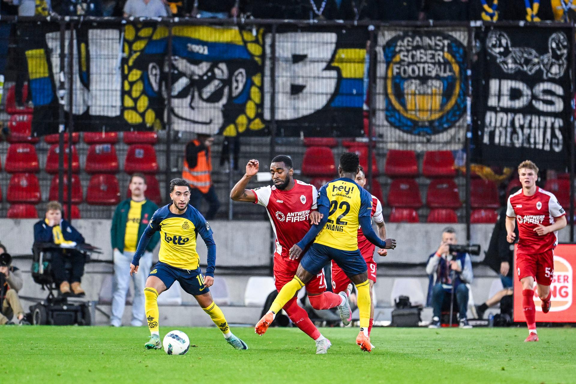 Union's Anouar Ait El Hadj, Antwerp's Gyrano Kerk and Union's Ousseynou Niang pictured in action during a soccer match between Royal Antwerp FC and Union Saint-Gilloise, Saturday 17 May 2025 in Brussels, on day 9 (out of 10) of the Champions' Play-offs of the 2024-2025 'Jupiler Pro League' first division of the Belgian championship. BELGA PHOTO TOM GOYVAERTS