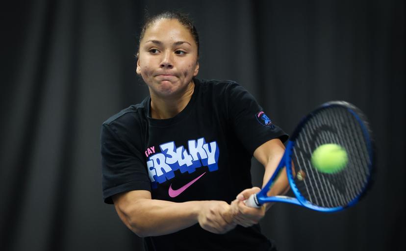 Belgian Sofia Costoulas pictured in action during a training session ahead of the meeting between Greece and Belgium, in the qualifiers of the Billie Jean King Cup tennis, in Vilnius, Lithuania on Monday 07 April 2025. PHOTO VIRGINIE LEFOUR