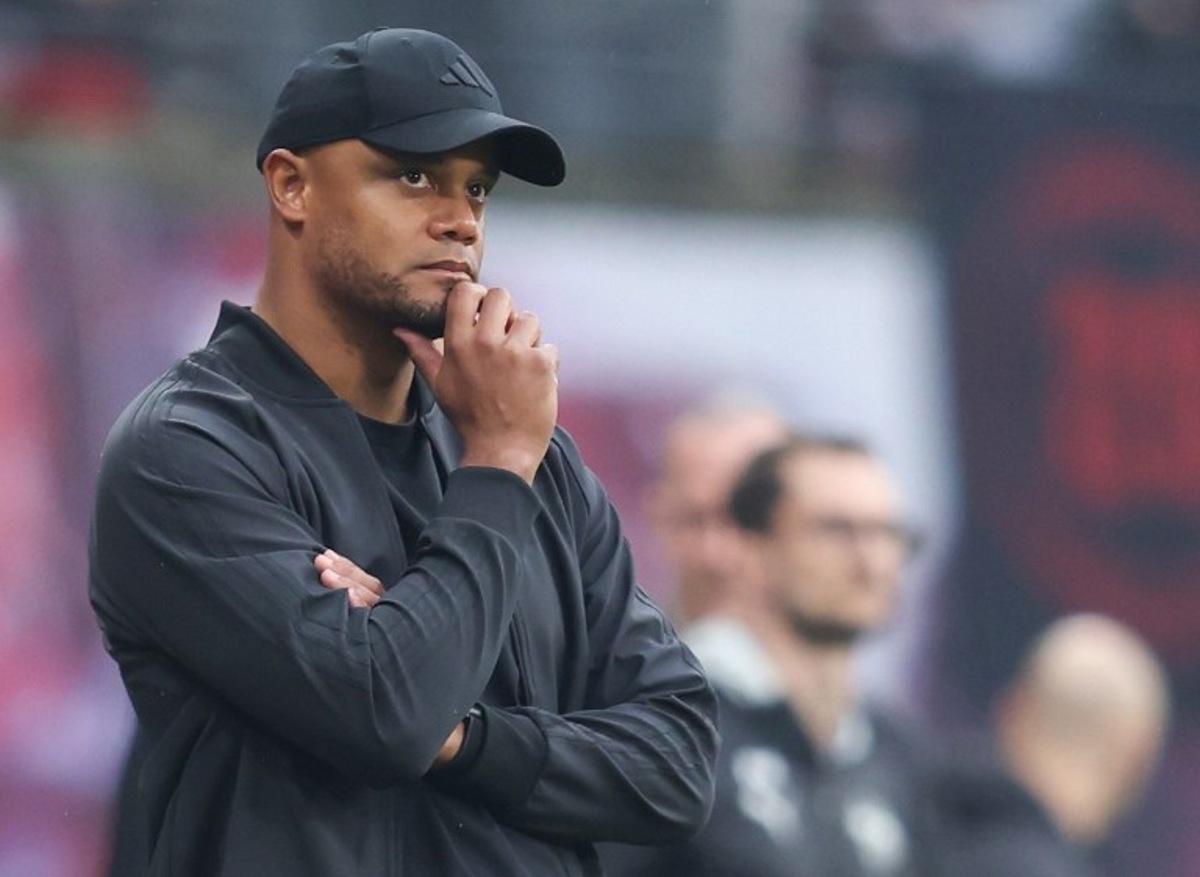 Bayern Munich's Belgian head coach Vincent Kompany looks on during the German first division Bundesliga football match between RB Leipzig and FC Bayern Munich in Leipzig, eastern Germany on May 3, 2025.  RONNY HARTMANN / AFP
