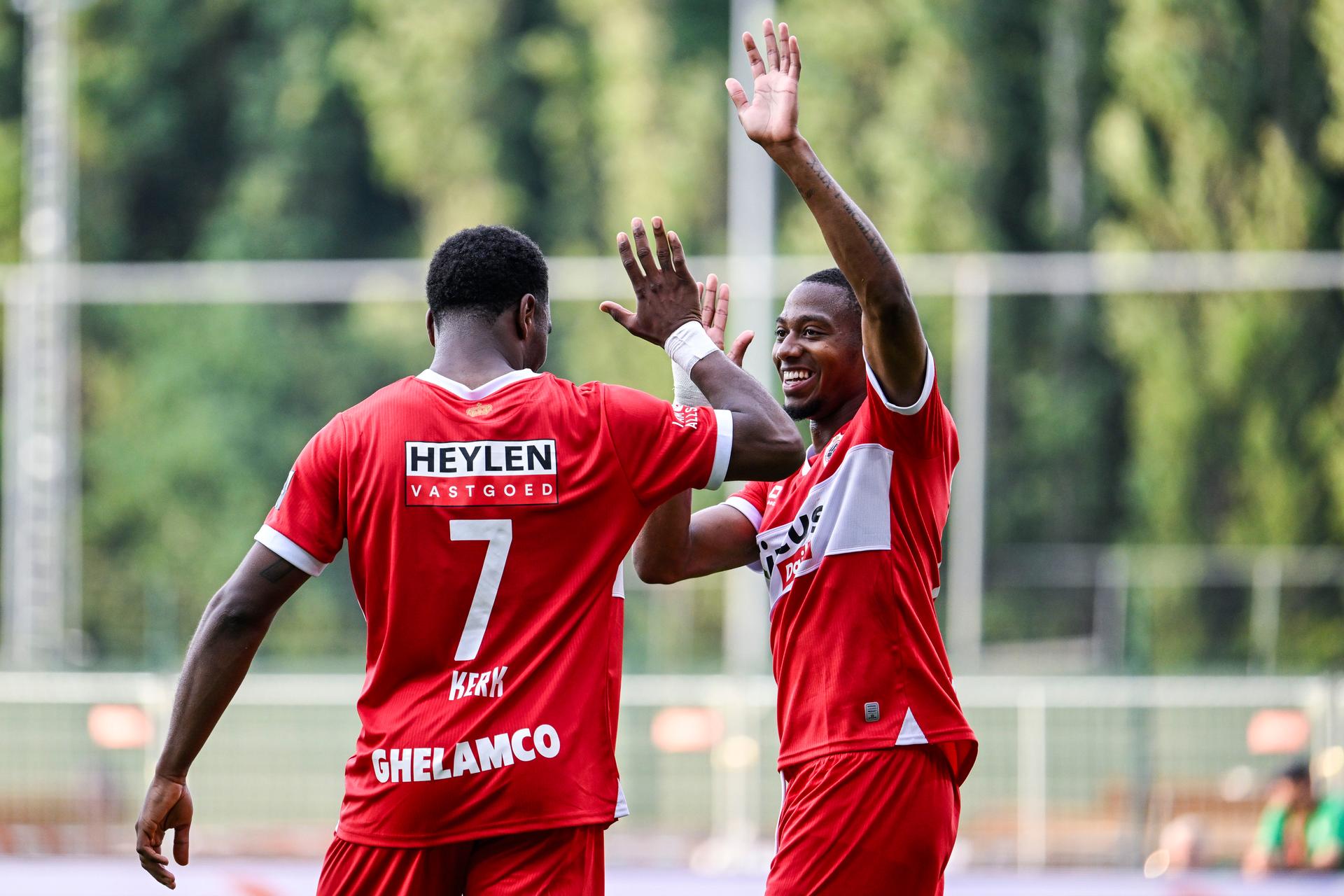 Antwerp's Gyrano Kerk and Antwerp's Michel Ange Balikwisha celebrate after scoring during a friendly soccer game between Belgian soccer team Royal Antwerp FC and Willem II - Willem 2 on Saturday 19 July 2025, in Antwerp. The team is preparing for the upcoming 2025-2026 first division season. BELGA PHOTO TOM GOYVAERTS