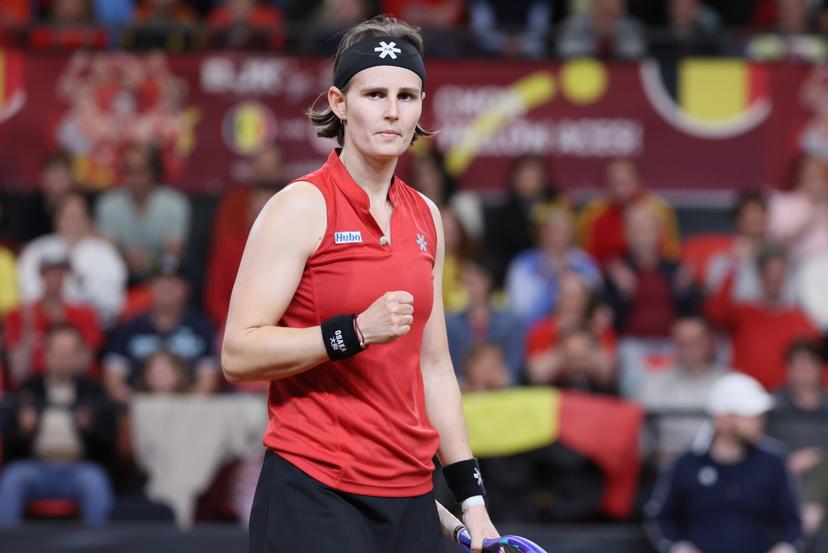 Belgian Greet Minnen pictured during the fourth game between Belgian Minnen and US' Jovic on the second day of the qualifiers of the Billie Jean King Cup tennis between Belgium and the USA, in Oostende, Belgium, on Saturday 11 April 2026. The meeting takes place on 10 and 11th April. PHOTO BENOIT DOPPAGNE