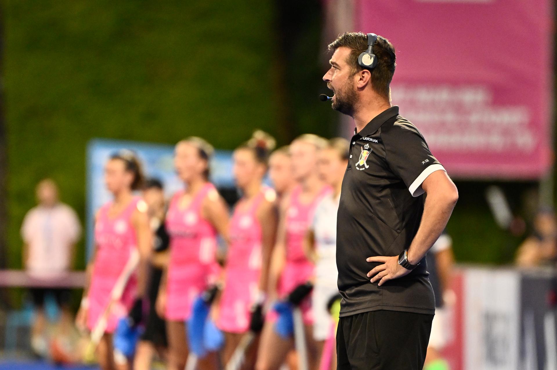 Belgium's head coach Rein van Eijk reacts during a hockey game between Germany and the Belgian national team Red Panthers, the semi-finals of the 2025 women's European championships, Friday 15 August 2025 in Monchengladbach, Germany.  BELGA PHOTO ERIC LALMAND