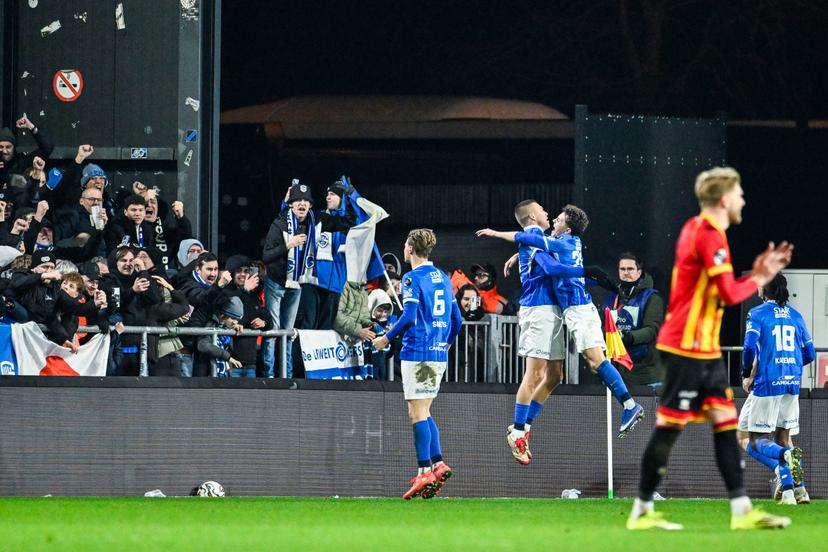 Genk's Daan Heymans celebrates after scoring during a soccer match between KV Mechelen and KRC Genk, Friday 13 February 2026 in Mechelen, on day 25 of the 2025-2026 'Jupiler Pro League' first division of the Belgian championship. BELGA PHOTO TOM GOYVAERTS