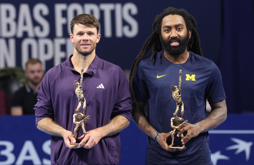 Christian Harrison and Evan King pose with their trophy for the photographer after the European Open ATP tennis tournament doubles in Brussels, on Sunday 19 October 2025. This year's edition of the tournament is taking place from 12 to 19 October 2025. BELGA PHOTO VIRGINIE LEFOUR