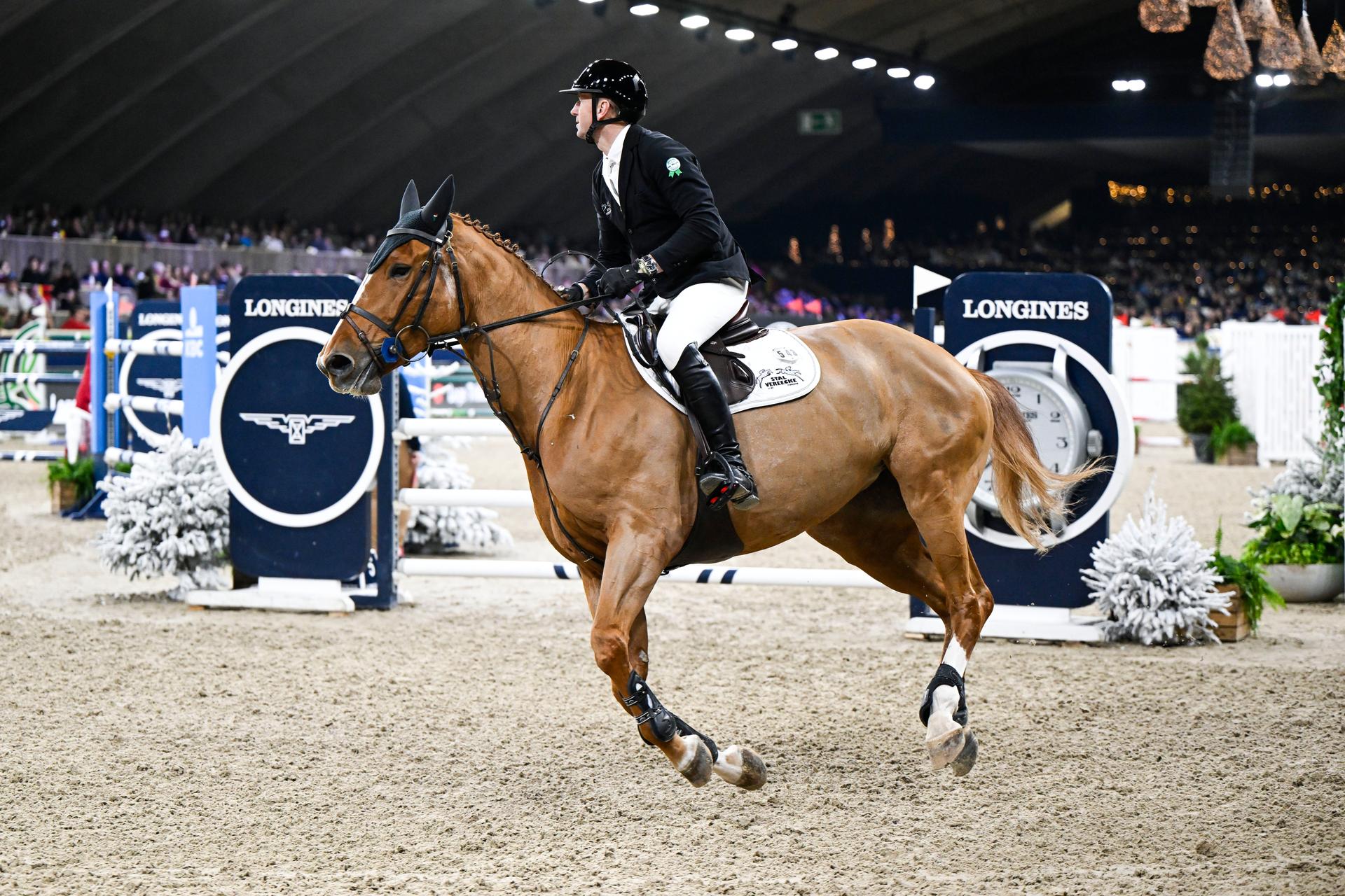 Belgian rider Koen Vereecke with Merryweather Vt Leeuwerikenhof pictured in action during the FEI World Cup Jumping competition at the 'Vlaanderens Kerstjumping - Memorial Eric Wauters' equestrian event in Mechelen on Monday 30 December 2024. BELGA PHOTO TOM GOYVAERTS