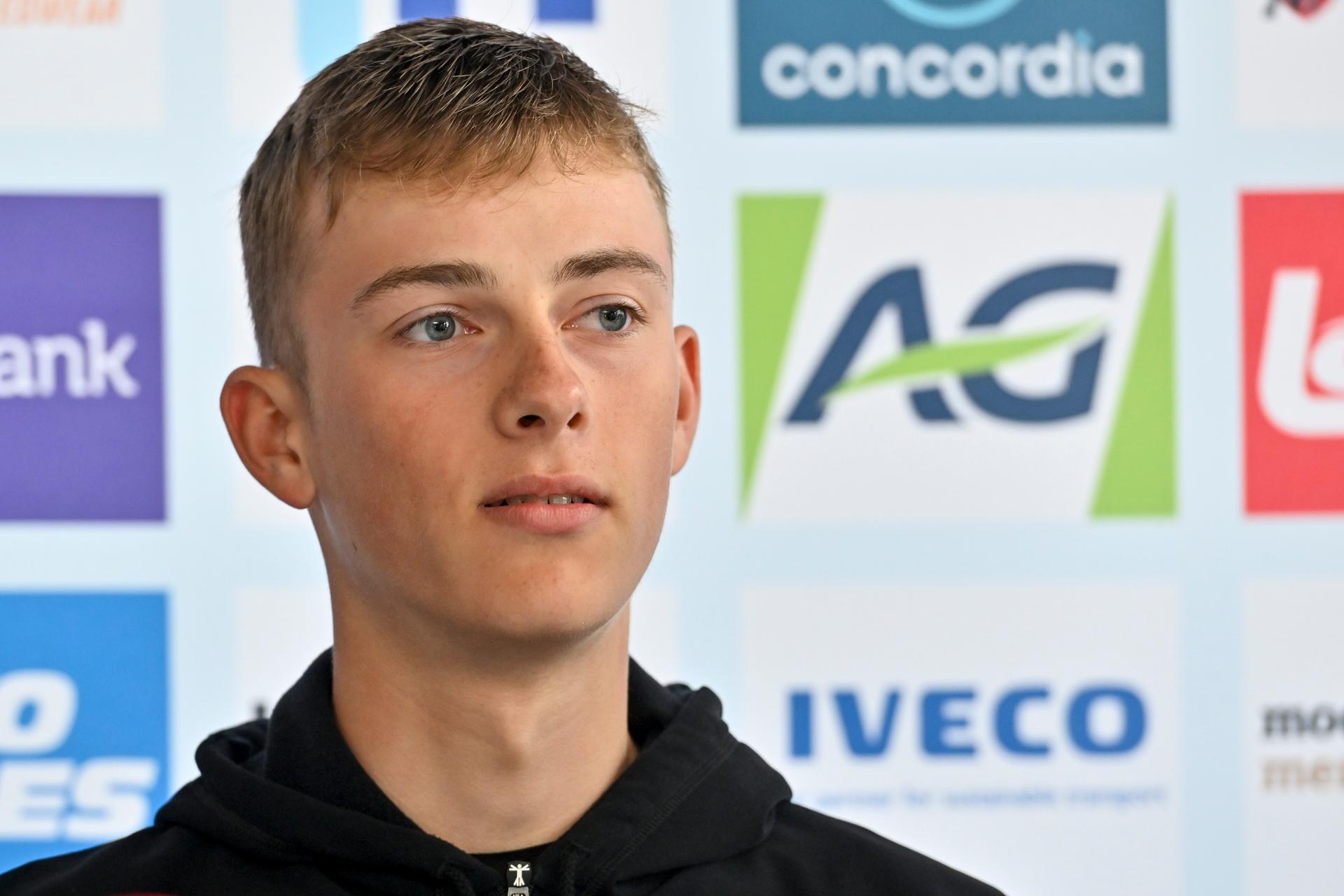 Belgian Maxence Place pictured during a press conference ahead of the upcoming UCI Road World Championships cycling, in Wollongong, Australia, Wednesday 21 September 2022. The Worlds are taking place from 18 to 25 September. BELGA PHOTO DIRK WAEM