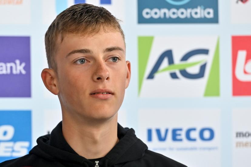 Belgian Maxence Place pictured during a press conference ahead of the upcoming UCI Road World Championships cycling, in Wollongong, Australia, Wednesday 21 September 2022. The Worlds are taking place from 18 to 25 September. BELGA PHOTO DIRK WAEM
