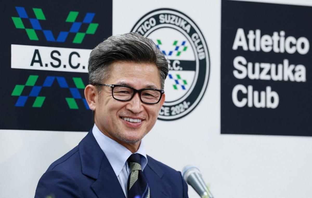Former Japan international Kazuyoshi Miura holds a press conference to announce his joining Atletico Suzuka on a temporary transfer at the National Stadium in Tokyo on June 25, 2024.  STR / AFP