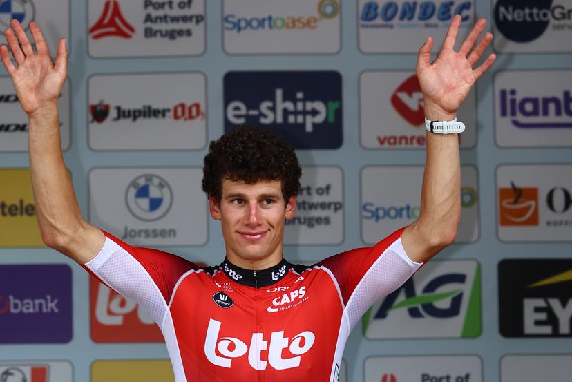 Belgian Alec Segaert of Lotto Cycling Team pictured on the podium after the men's elite individual time trial of the Belgian Cycling Championships, 40,2km, in Brasschaat, on Friday 27 June 2025. BELGA PHOTO DAVID PINTENS
