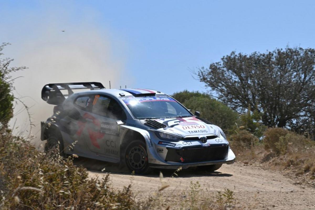 France's Sebastien Ogier and co-driver France's Vincent Landais steer their Toyota GR Yaris Rally1 as they compete in the SS15 special between San Giacomo and Plebi during the 22nd edition of the Rally Italia Sardegna, 6th round of the FIA World Rally Championship (WRC), near Olbia, Sardinia, on June 8, 2025.  Andreas SOLARO / AFP