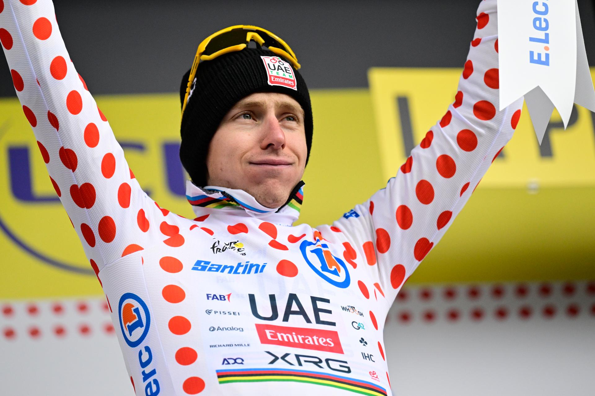 Slovenian Tadej Pogacar of UAE Team Emirates pictured on the podium after stage 19 of the 2025 Tour de France cycling race, from Albertville to La Plagne (130km), on Friday 25 July 2025 in France. The 112th edition of the Tour de France starts on Saturday 5 July in Lille, France, and will finish in Paris, France on the 27th of July.   BELGA PHOTO DIRK WAEM