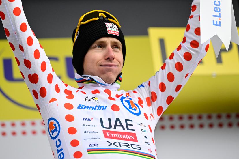 Slovenian Tadej Pogacar of UAE Team Emirates pictured on the podium after stage 19 of the 2025 Tour de France cycling race, from Albertville to La Plagne (130km), on Friday 25 July 2025 in France. The 112th edition of the Tour de France starts on Saturday 5 July in Lille, France, and will finish in Paris, France on the 27th of July.   BELGA PHOTO DIRK WAEM