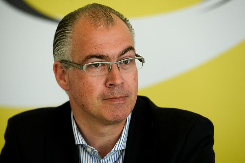 20150629 - BRUSSELS, BELGIUM: Belgian Christophe Sercu, Team manager team Topsport Vlaanderen - Baloise pictured during a press conference of Preben Van Hecke of team Topsport Vlaanderen cycling team , Monday 29 June 2015, in Brussels. Yesterday Van Hecke won the title of Belgian national champion during the Belgian championships. BELGA PHOTO DIRK WAEM