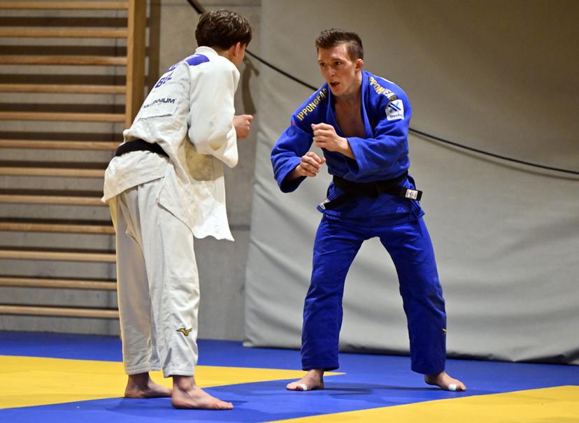 Belgian Jorre Verstraeten (R) pictured in action during a training session at a press moment of the Belgian selection for the upcoming European Championships judo, on Wednesday 08 April 2026 in Wilrijk. The euros are taking place in Tbilisi, Georgia from 16 to 19 april. BELGA PHOTO ERIC LALMAND