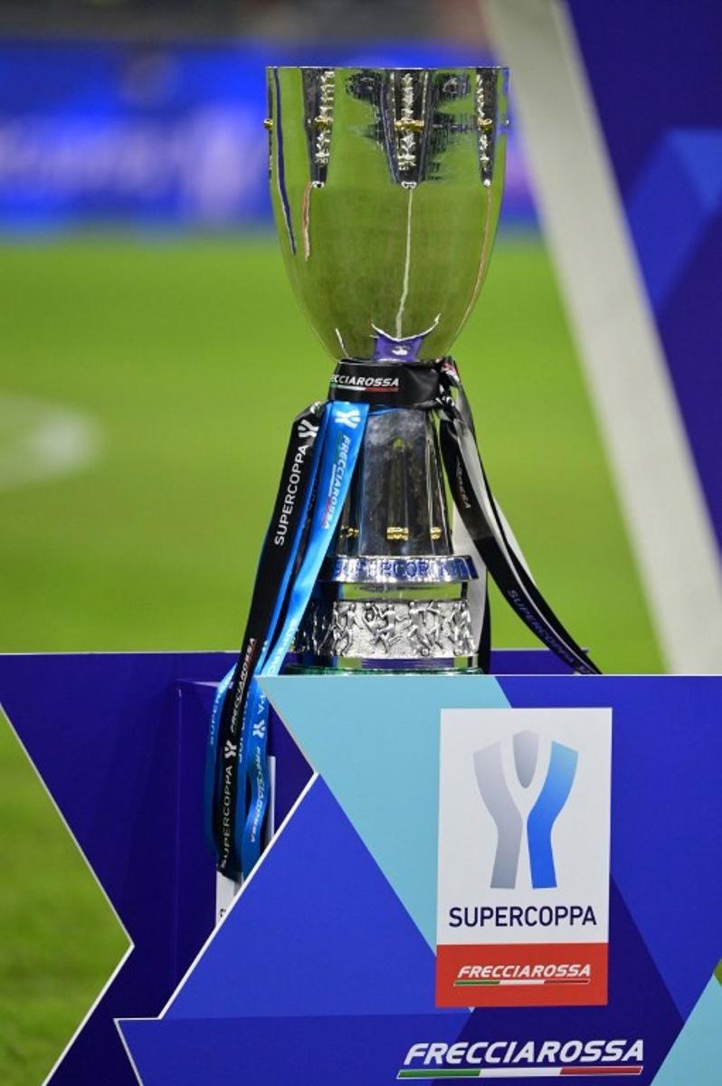 The winner's trophy is displayed prior to the Italian Super Cup (Supercoppa italiana) football match between Inter and Juventus on January 12, 2022 at the San Siro stadium in Milan.    MIGUEL MEDINA / AFP