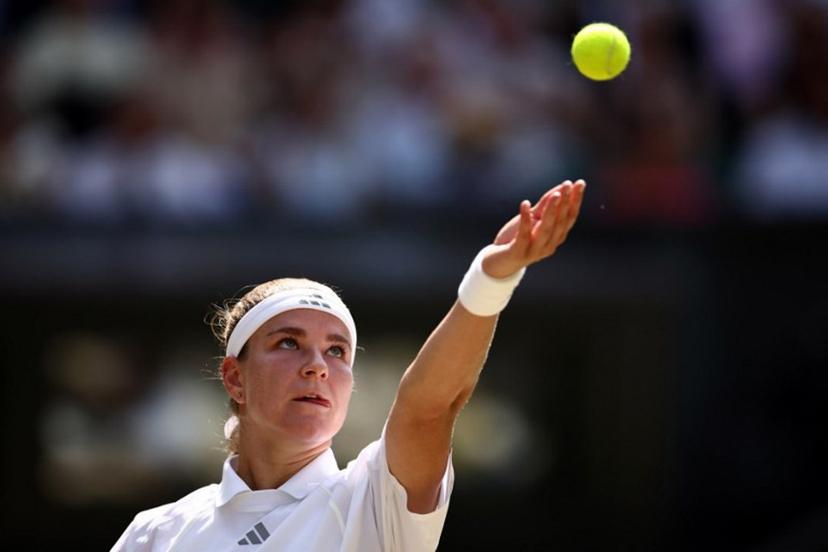 Czech Republic's Karolina Muchova serves to US player Coco Gauff during their women's singles semi-final tennis match on the eleventh day of the 2026 Wimbledon Championships at The All England Lawn Tennis and Croquet Club in Wimbledon, southwest London, on July 9, 2026.  Henry Nicholls / AFP