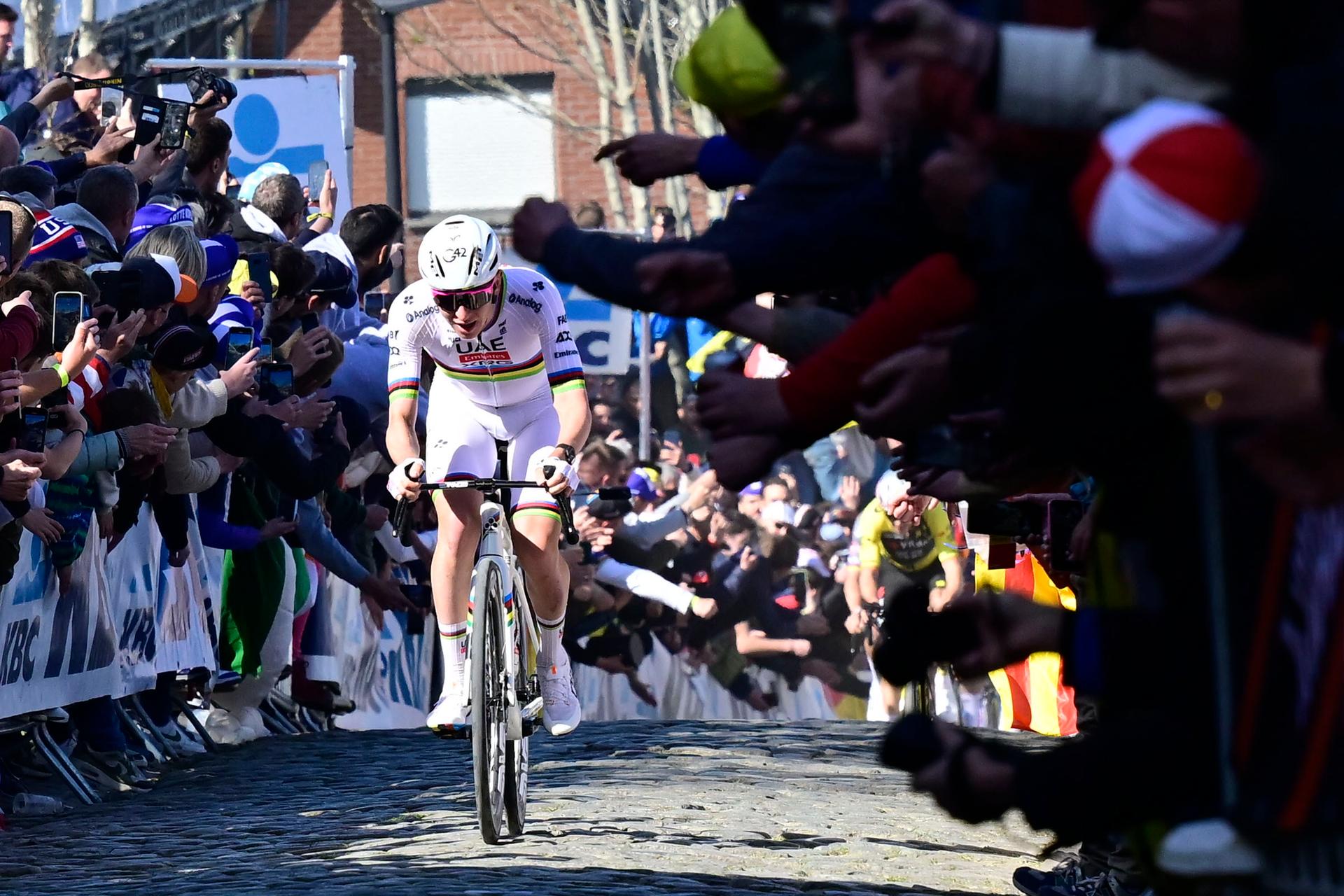 Slovenian Tadej Pogacar of UAE Team Emirates pictured in action on Oude Kwaremont during the men's race of the 'Ronde van Vlaanderen/ Tour des Flandres/ Tour of Flanders' one day cycling race, 268,9km from Brugge to Oudenaarde, Sunday 06 April 2025. BELGA PHOTO DIRK WAEM