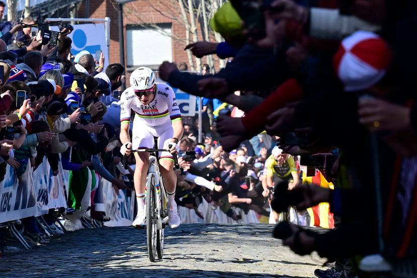 Slovenian Tadej Pogacar of UAE Team Emirates pictured in action on Oude Kwaremont during the men's race of the 'Ronde van Vlaanderen/ Tour des Flandres/ Tour of Flanders' one day cycling race, 268,9km from Brugge to Oudenaarde, Sunday 06 April 2025. BELGA PHOTO DIRK WAEM
