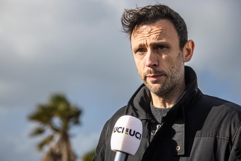 Tomas Van Den Spiegel of Flanders Classics pictured during a press moment about the decision of cancelling the World Cup cyclocross cycling event in Cabras, Sardinia, stage 3 (out of 12) of the UCI World Cup cyclocross competition, Sunday 08 December 2024. The island and surrounding area were hit by a violent storm, with gusts reaching 100 km/h, causing major damage. The safety of racers and spectators is therefore at risk. In addition, a fire last night destroyed the press room. BELGA PHOTO DAVID PINTENS