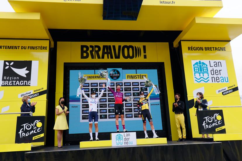 Danish Cecilie Uttrup Ludwig of FDJ, Dutch Demi Vollering of Team SD Worx and Dutch Marianne Vos of Team Jumbo-Visma celebrate on the podium of the 'La Course by Le Tour de France' one day women's cycling race, 108km from Brest to Landerneau, France, Saturday 26 June 2021. The race is traditionally organized before a stage of the Tour de France men's cycling race. BELGA PHOTO POOL THOMAS SAMSON