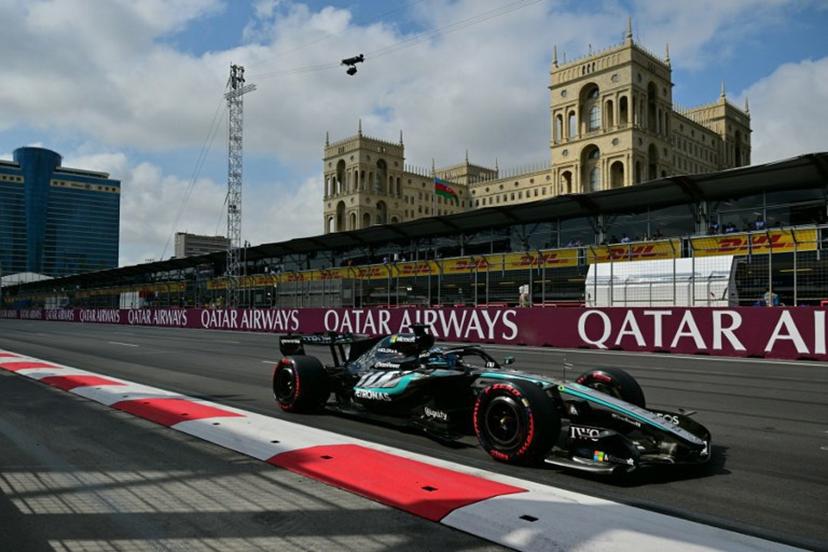 Mercedes' British driver George Russell steers his car during the third practice session ahead of the Formula One Azerbaijan Grand Prix at the Baku City Circuit in Baku on September 25, 2026.  Andrej ISAKOVIC / AFP