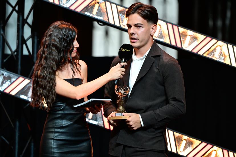 Club's Ardon Jashari pictured with the best pro league player trophy the Pro League Awards 2025, for the best players in the 1st and 2nd divisions of the 2024_2025 Belgian soccer championships, Monday 26 May 2025 in Antwerp. BELGA PHOTO DIRK WAEM