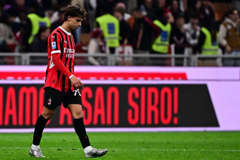 AC Milan's Portuguese forward #79 Joao Felix reacts at the end of the Italian Serie A football match between AC Milan and Atalanta Bergamo at the San Siro stadium in Milan, on April 20, 2025.  Piero CRUCIATTI / AFP