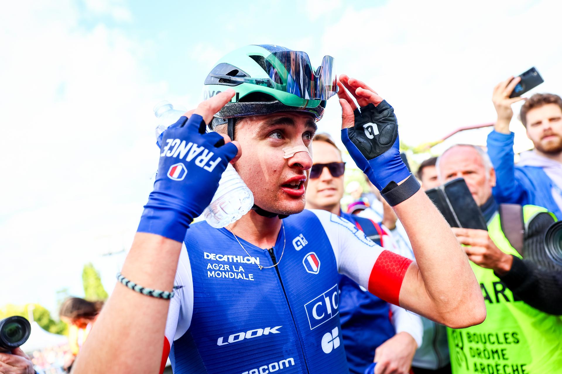 France Paul Seixas pictured after the Men Elite raod race, a 202,5 km from Privas to Guilherand-Granges, at the UEC road European cycling championships, Sunday 05 October 2025, France. The European cycling championships Drome-Ardeche takes place from 1 to 5 October, France. BELGA PHOTO DAVID PINTENS