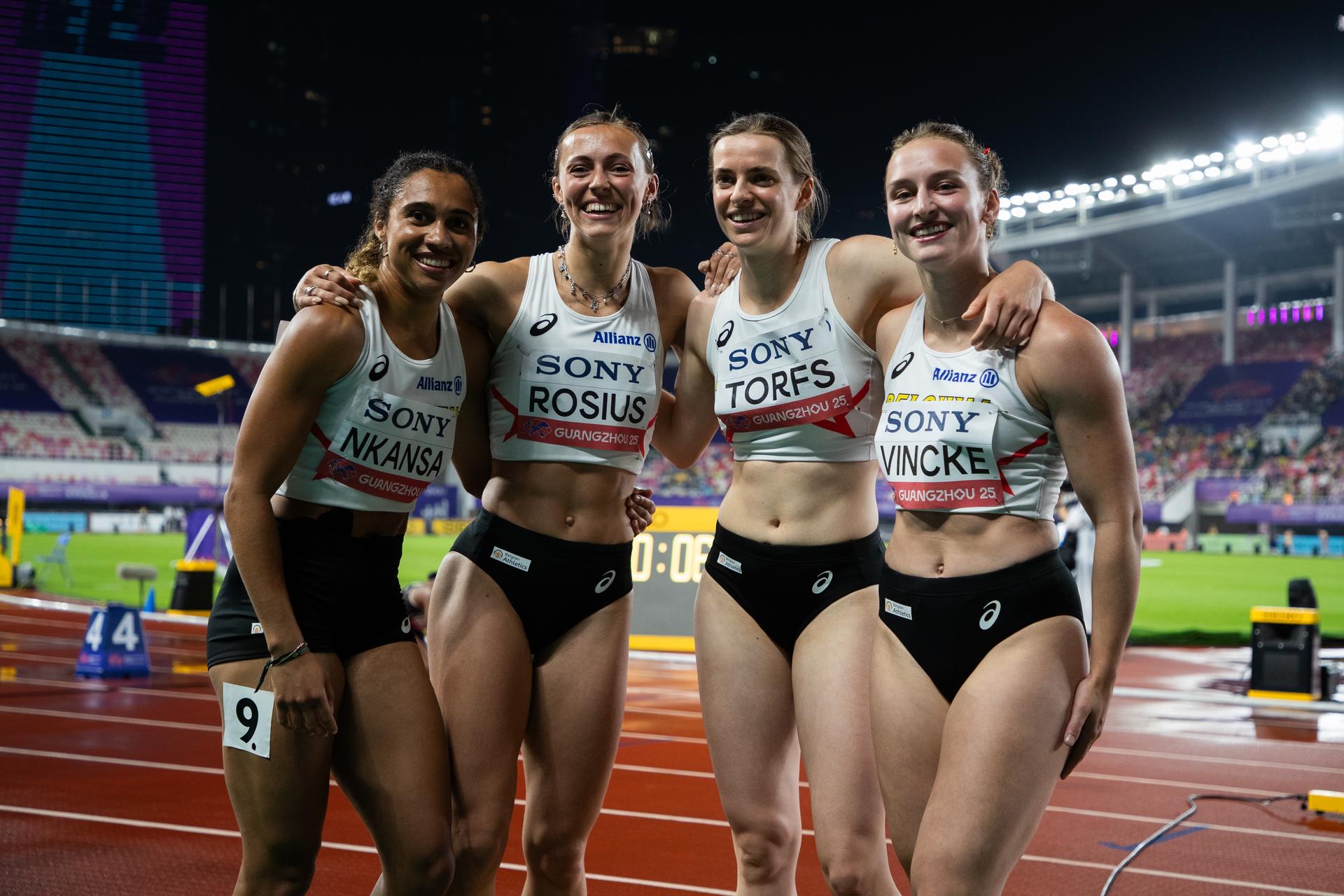 Belgians Delphine Nkansa, Rani Rosius, Lien Torfs and Rani Vincke celebrate after winning the women's 4x100m relay heats, at the world relay championships, on Saturday 10 May 2025 in Guangzhou, China. The world relay championships in Guangzhou take place from 10 to 11 May. BELGA PHOTO NIKOLA KRSTIC