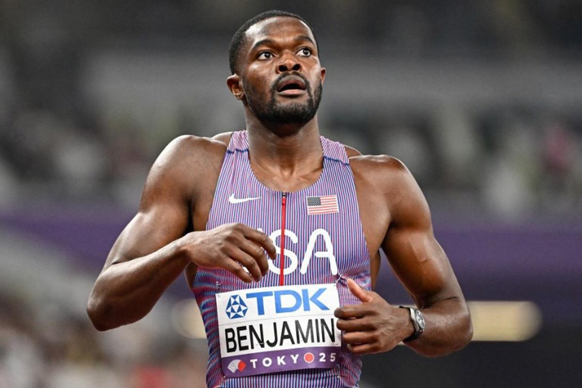 US' athlete Rai Benjamin reacts after competing in the men's 400m hurdles semi-final during the World Athletics Championships in Tokyo on September 17, 2025.  Jewel SAMAD / AFP