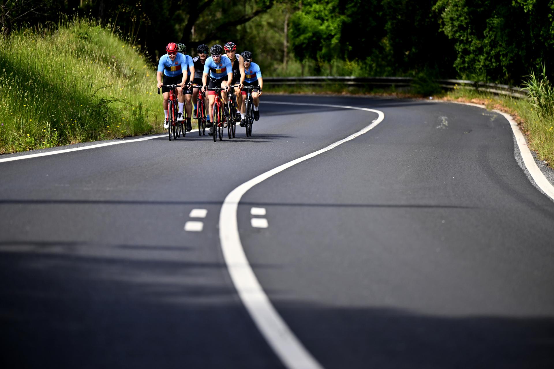 The short track team pictured in action during the annual training camp of Team Belgium (19-25/05), in Rio Maior, Portugal, Wednesday 21 May 2025. BELGA PHOTO ERIC LALMAND