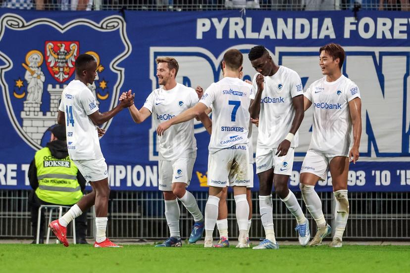 Genk's players celebrate after scoring during a game between Poland's Lech Poznan and Belgian soccer team KRC Genk, on Thursday 21 August 2025 in Poznan, Poland. The game is a first leg of the play-off round for the UEFA Europa League competition. BELGA PHOTO JAKUB PIASECKI / CYFRASPORT/ NEWSPIX - POLAND OUT -