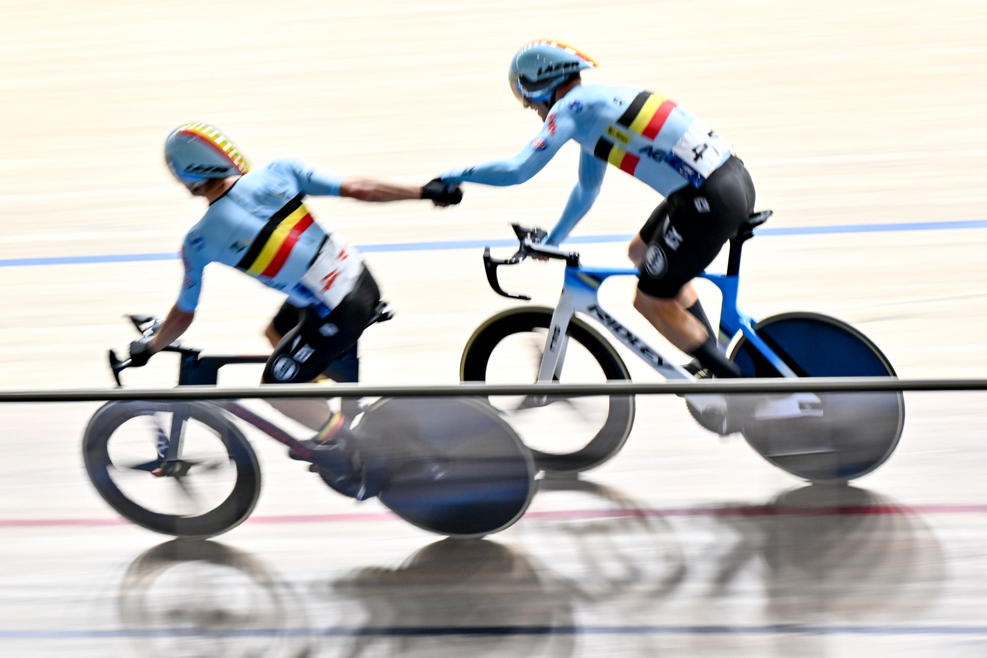 Belgian Lindsay De Vylder and Belgian Noah Vandenbranden pictured in action during the men's Madison final at the 2025 UEC Track Elite European Championships, in Heusden-Zolder, Belgium, Sunday 16 February 2025. The European Championships take place from 12 to 16 February. BELGA PHOTO DIRK WAEM