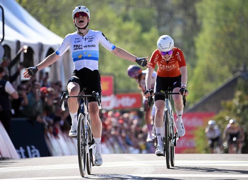 Dutch Demi Vollering of FDJ United-SUEZ celebrates after winning the women's race of the 'La Fleche Wallonne', one day cycling race (Waalse Pijl - Walloon Arrow), 148,2 km from Huy to Huy, Wednesday 22 April 2026. BELGA PHOTO POOL BERNARD PAPON