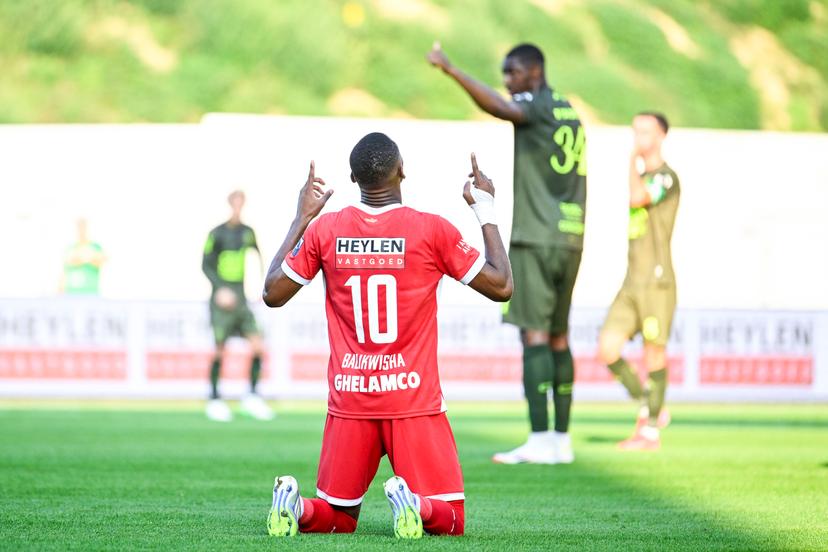 Antwerp's Michel Ange Balikwisha celebrates after scoring during a soccer match between Royal Antwerp FC and OH Leuven, Sunday 10 August 2025 in Antwerp, on day 3 of the 2025-2026 'Jupiler Pro League' first division of the Belgian championship. BELGA PHOTO TOM GOYVAERTS