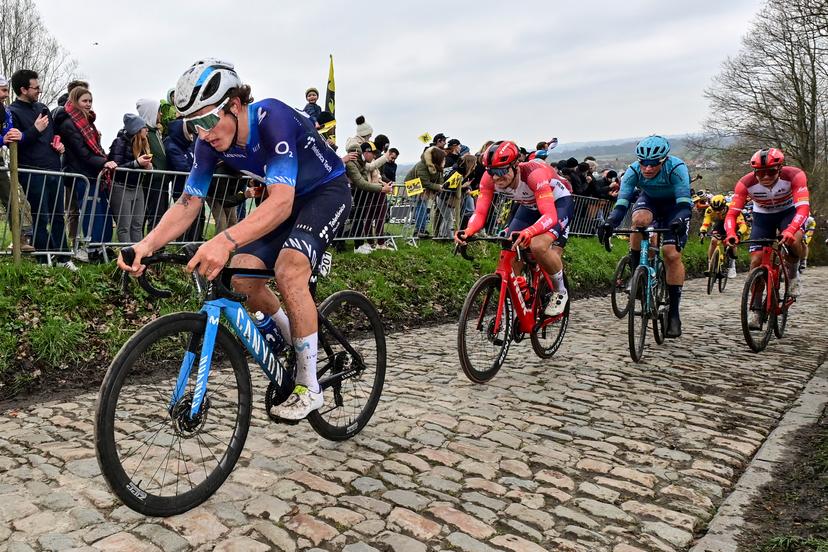 Spanish Ivan Garcia Cortina of Movistar Team and Belgian Edward Theuns of Trek-Segafredo pictured in action during the men's race of the 'Ronde van Vlaanderen/ Tour des Flandres/ Tour of Flanders' one day cycling event, 273,4km from Brugge to Oudenaarde, Sunday 02 April 2023. BELGA PHOTO DIRK WAEM