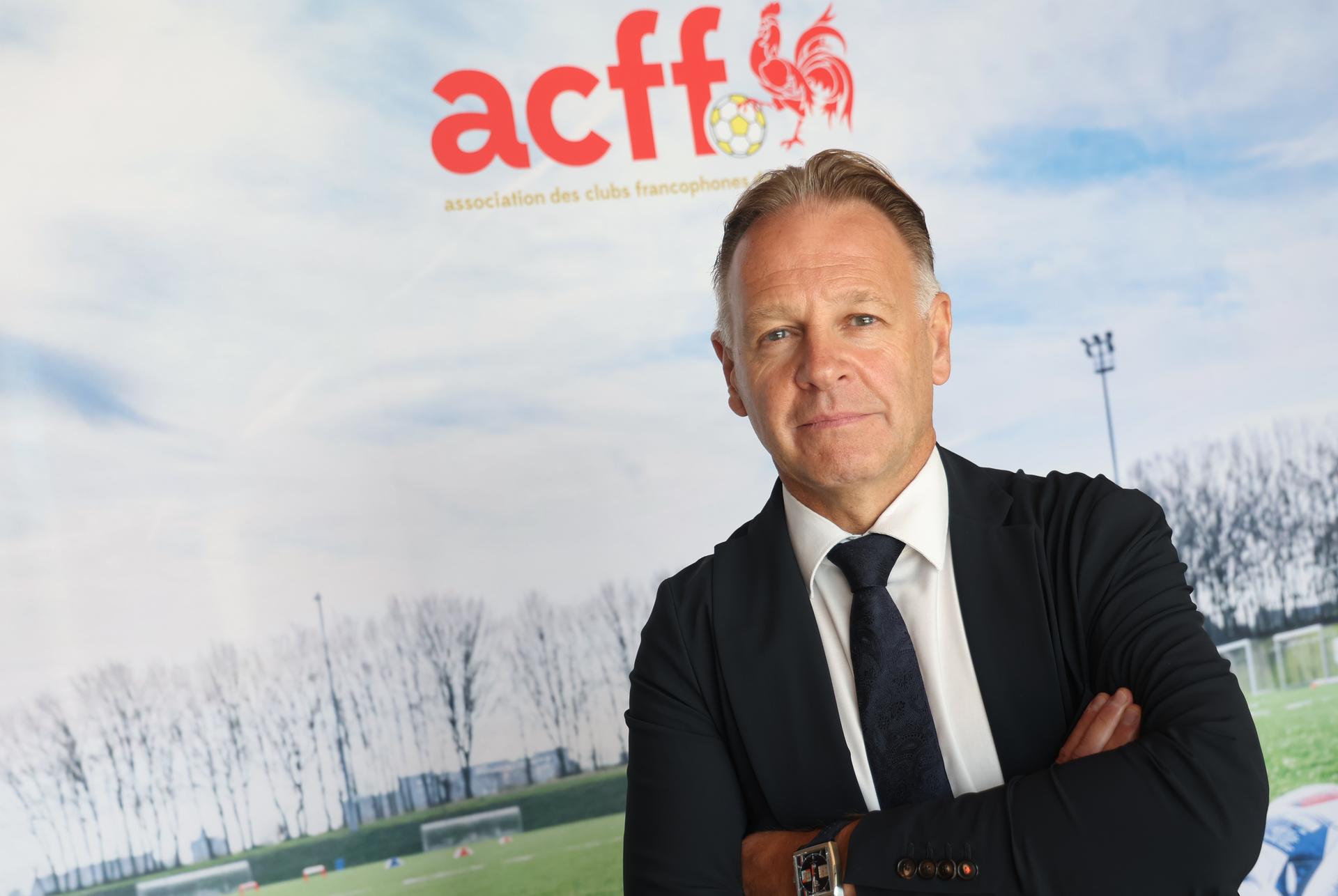 ACFF President Philippe Godin poses for the photographer after a press conference of the Association Clubs Francophones de Football (Association of French-speaking Football Clubs) to review the structure and objectives of ACFF for the 2025-2026 season, Monday 01 September 2025 in Tubize. BELGA PHOTO VIRGINIE LEFOUR