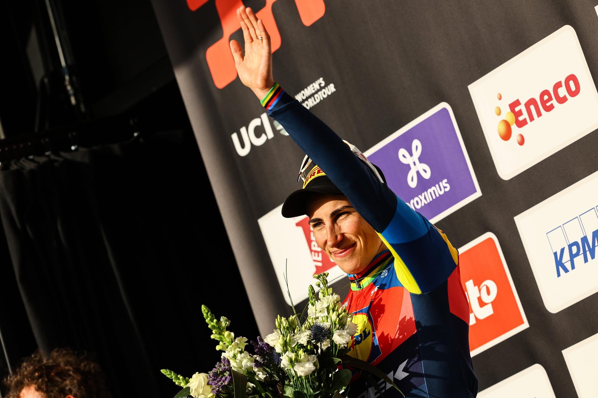 Italian Elisa Balsamo of Lidl-Trek pictured on the podium after the women elite 'Gent-Wevelgem - In Flanders Fields' one day cycling race, 169.1 km from Ieper to Wevelgem, Sunday 30 March 2025. BELGA PHOTO DAVID PINTENS