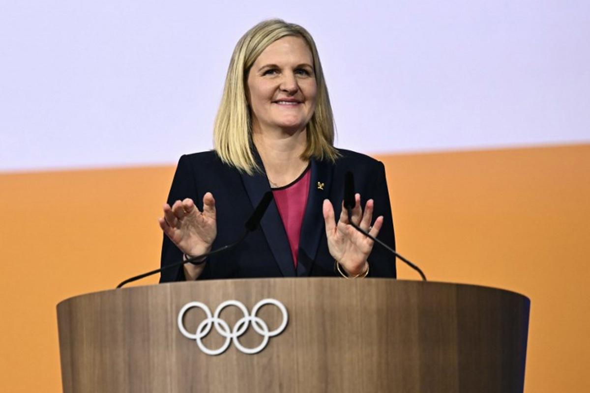 Zimbabwean candidate for the presidency of the International Olympic Committee (IOC) Kirsty Coventry delivers a speech after being elected during the 144th IOC Session on the day of the election of the next President of the International Olympic Committee, in Costa Navarino, Greece on March 20, 2025. Zimbabwe's Kirsty Coventry elected president of International Olympic Committee on March 20, 2025.  Fabrice COFFRINI / AFP