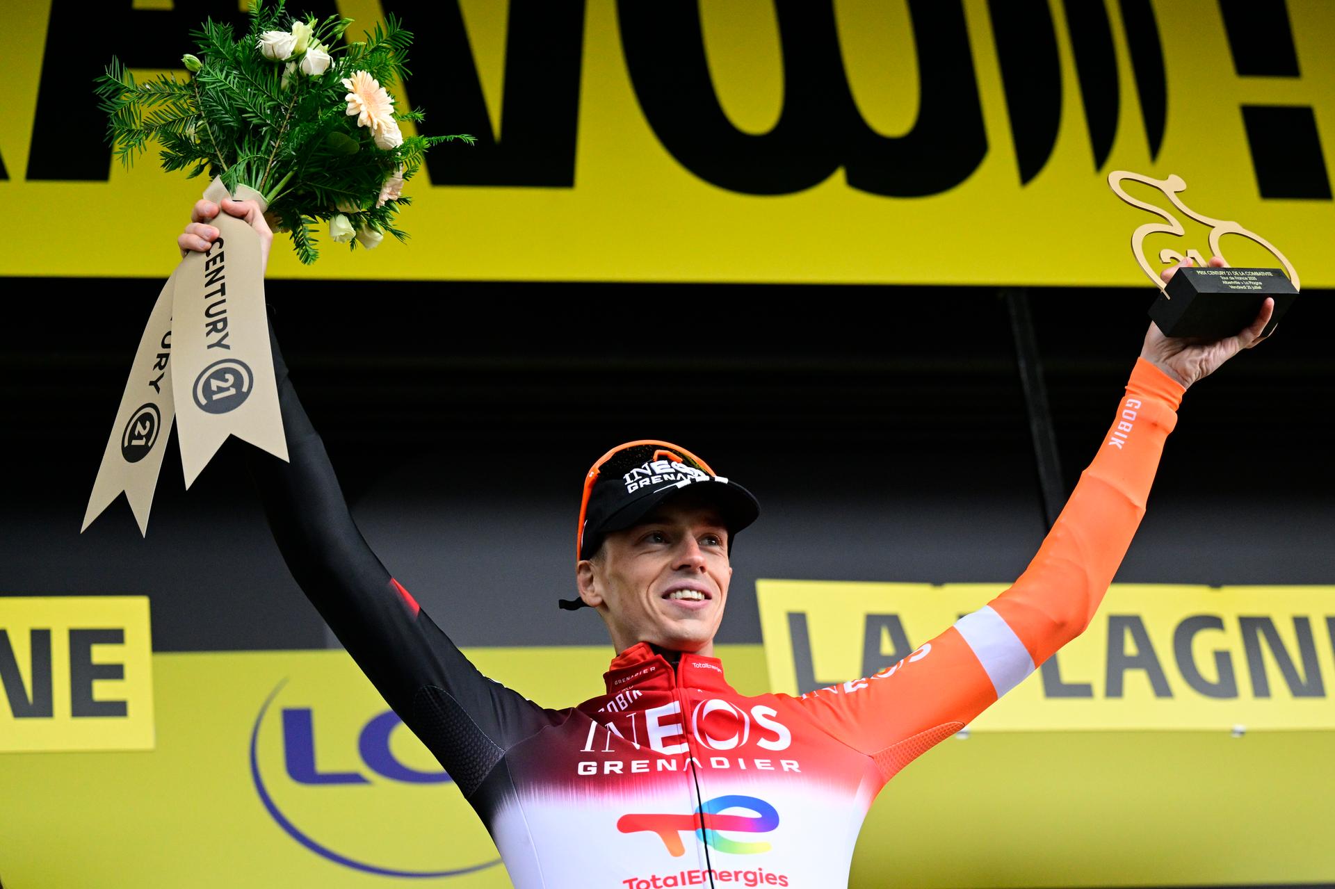 Dutch Thymen Arensman of Ineos Grenadiers celebrates on the podium with the combativity award after stage 19 of the 2025 Tour de France cycling race, from Albertville to La Plagne (130km), on Friday 25 July 2025 in France. The 112th edition of the Tour de France starts on Saturday 5 July in Lille, France, and will finish in Paris, France on the 27th of July.   BELGA PHOTO DIRK WAEM