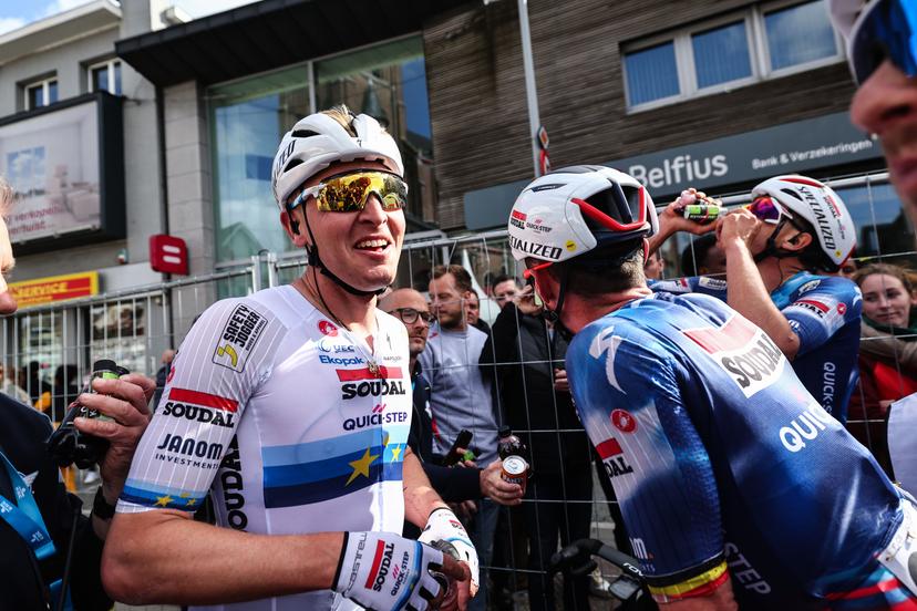 Belgian Tim Merlier of Soudal Quick-Step is happy after finishing the men elite 'Gent-Wevelgem - In Flanders Fields' one day cycling race, 250.3 km from Ieper to Wevelgem, Sunday 30 March 2025. BELGA PHOTO DAVID PINTENS