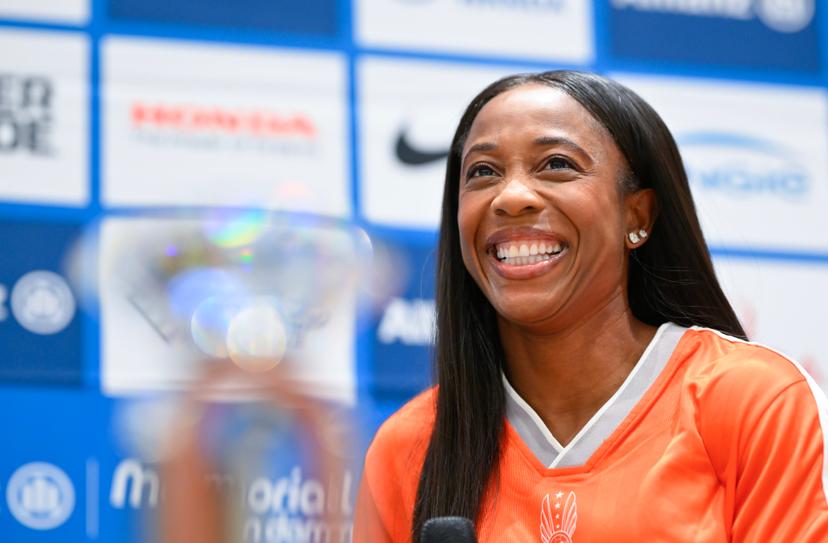 Jamaica's Shelly-Ann Fraser-Pryce talks during a press conference on the 49th edition of the Memorial Van Damme athletics event in Brussels, Thursday 21 August 2025. The 2025 Allianz Memorial Van Damme Diamond League meeting takes place on 22 Augustus 2025. BELGA PHOTO JOHN THYS