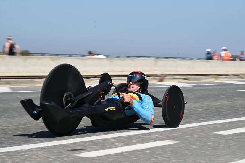 Belgian Jonas Van De Steene pictured in action during the time trials at the UCI Para-Cycling Road World Cup event, Thursday 01 May 2025, in Oostende. The UCI Para-Cycling Road World Cup takes place from 01 to 04 May in Oostende and Brugge. BELGA PHOTO LUC CLAESSEN