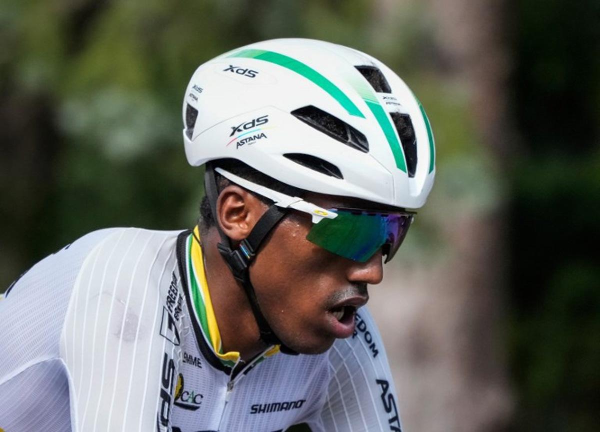Eritrea's Biniam Girmay, of Team Intermarché-Wanty, cycles during the Grand Prix Cycliste de Montreal cycling road race in Montreal, Canada, on September 14, 2025.   MATHIEU BELANGER / AFP