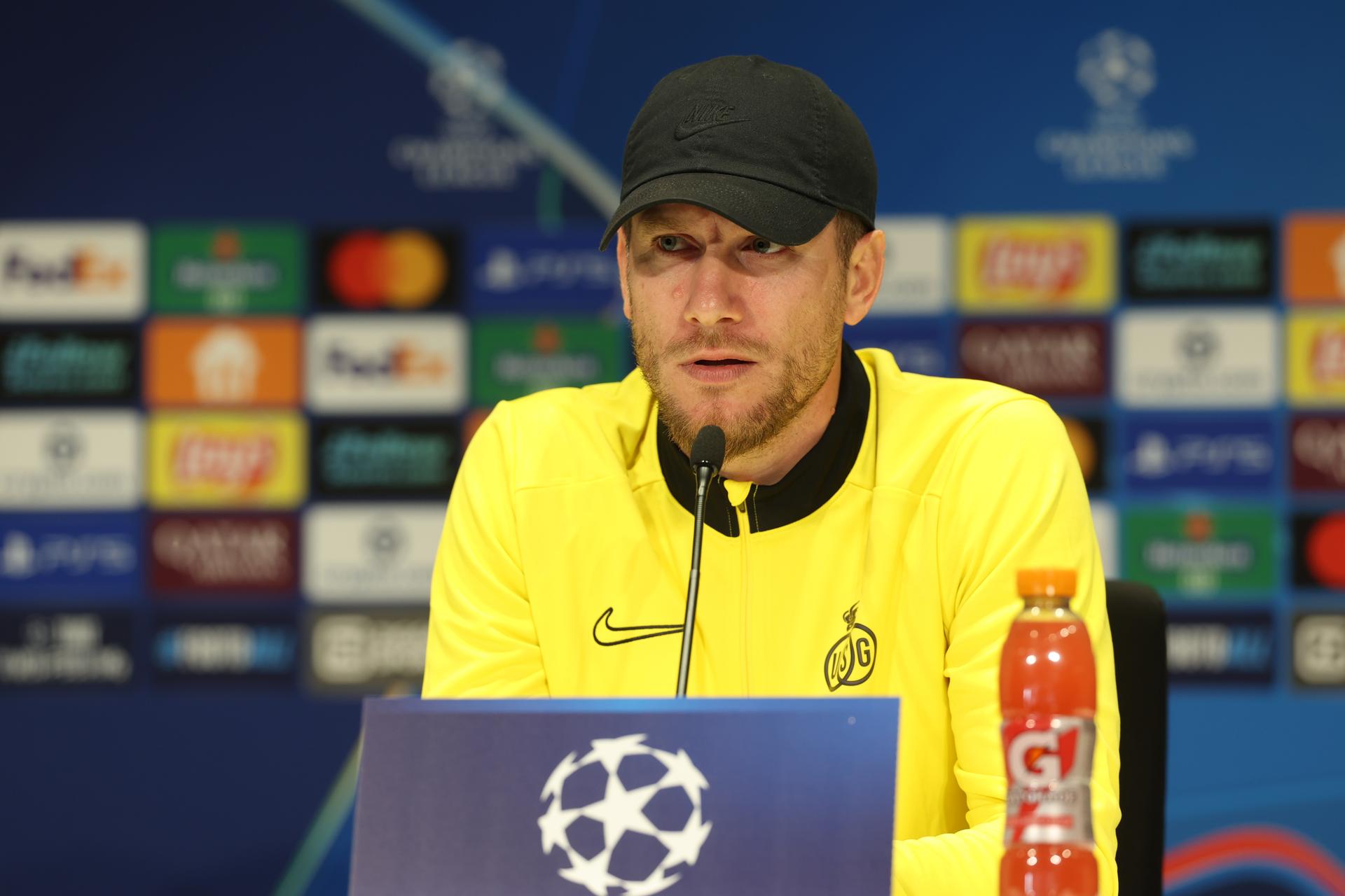 Union's head coach Sebastien Pocognoli pictured during a press conference of Belgian soccer team Royale Union Saint-Gilloise in Eindhoven, The Netherlands, on Monday 15 September 2025. The team prepares for tomorrow's match against Dutch team PSV Eindhoven, on the opening day of the League phase of the UEFA Champions League tournament. BELGA PHOTO VIRGINIE LEFOUR
