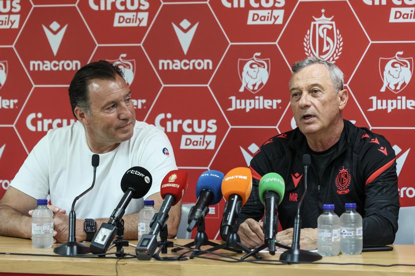 Standard's new sport director Marc Wilmots and Standard's head coach Mircea Rednic pictured during a press conference by Belgian soccer team Standard de Liege to introduce their new head coach, Thursday 26 June 2025 in Liege. Romanian Rednic will start his second stint in Liege. BELGA PHOTO BRUNO FAHY